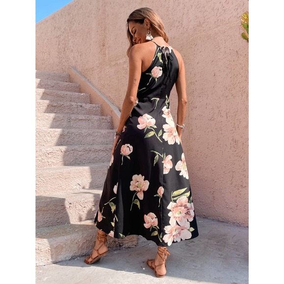Boho Floral Print Halter Neck Thigh Slit Midi Dress black pink - Picture 3 of 10